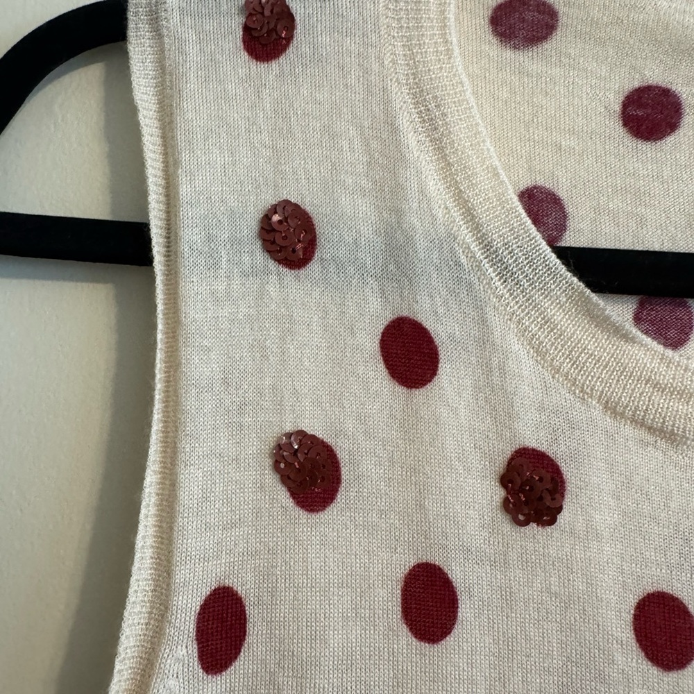 J. Crew Cream Tank Top Vest with Red Sequin Polka Dots 100% Merino Wool Size L - Picture 7 of 14